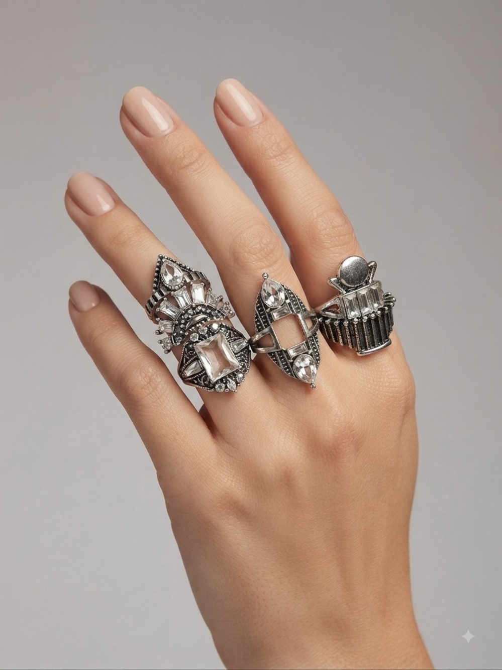 FREE PEOPLE Silver Crystal Statement Rings - Set of 4